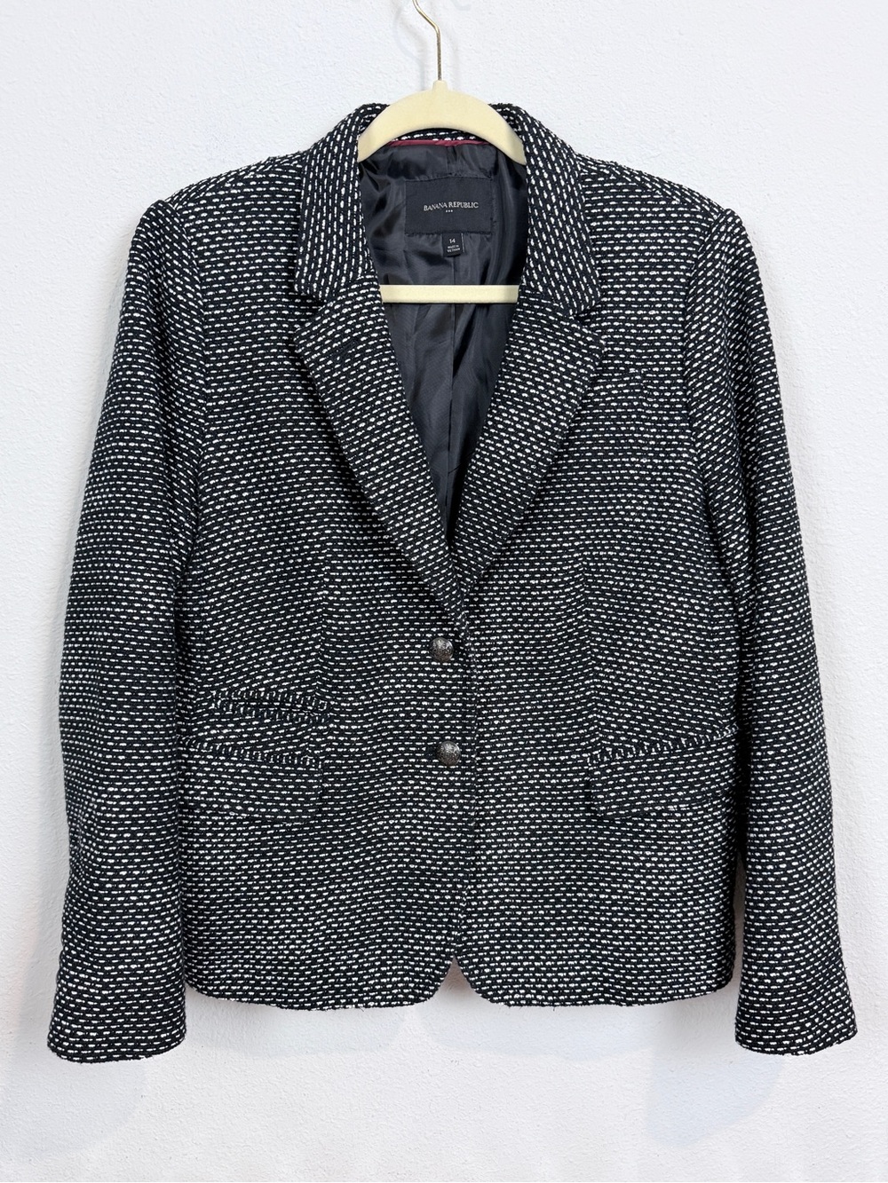 Banana Republic Factory Black & White Tweed Women's Blazer Crest Buttons 14